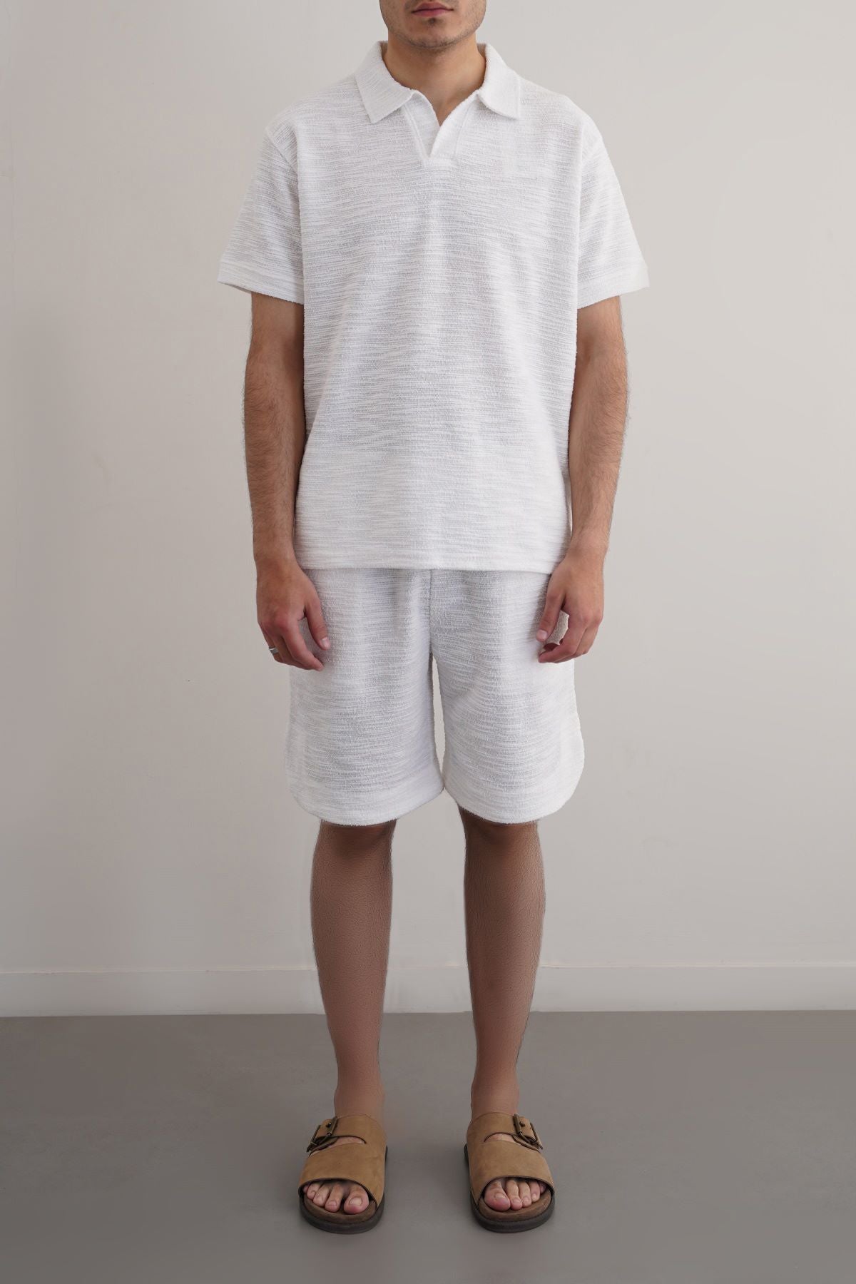 White Boucle Knitted Relaxed Polo Shirt