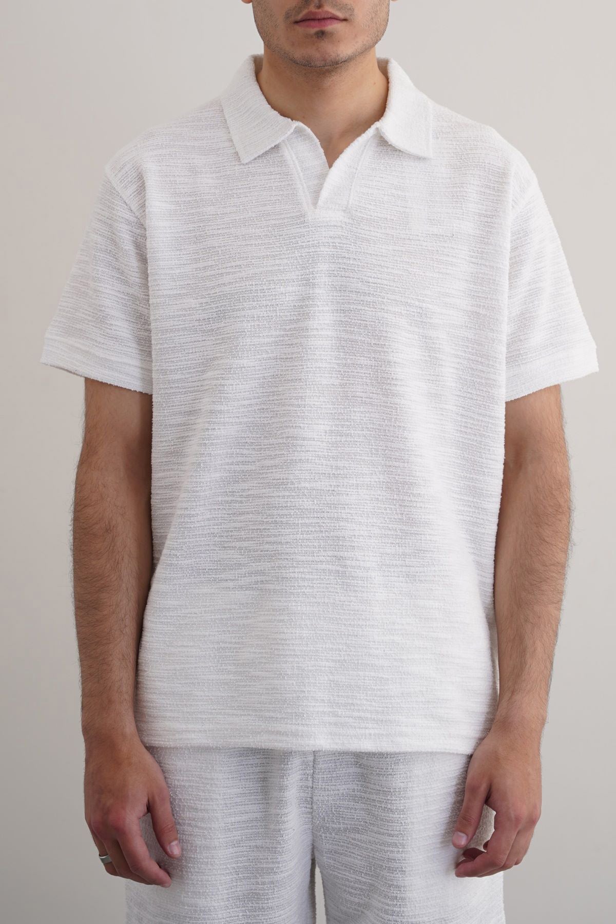 White Boucle Knitted Relaxed Polo Shirt