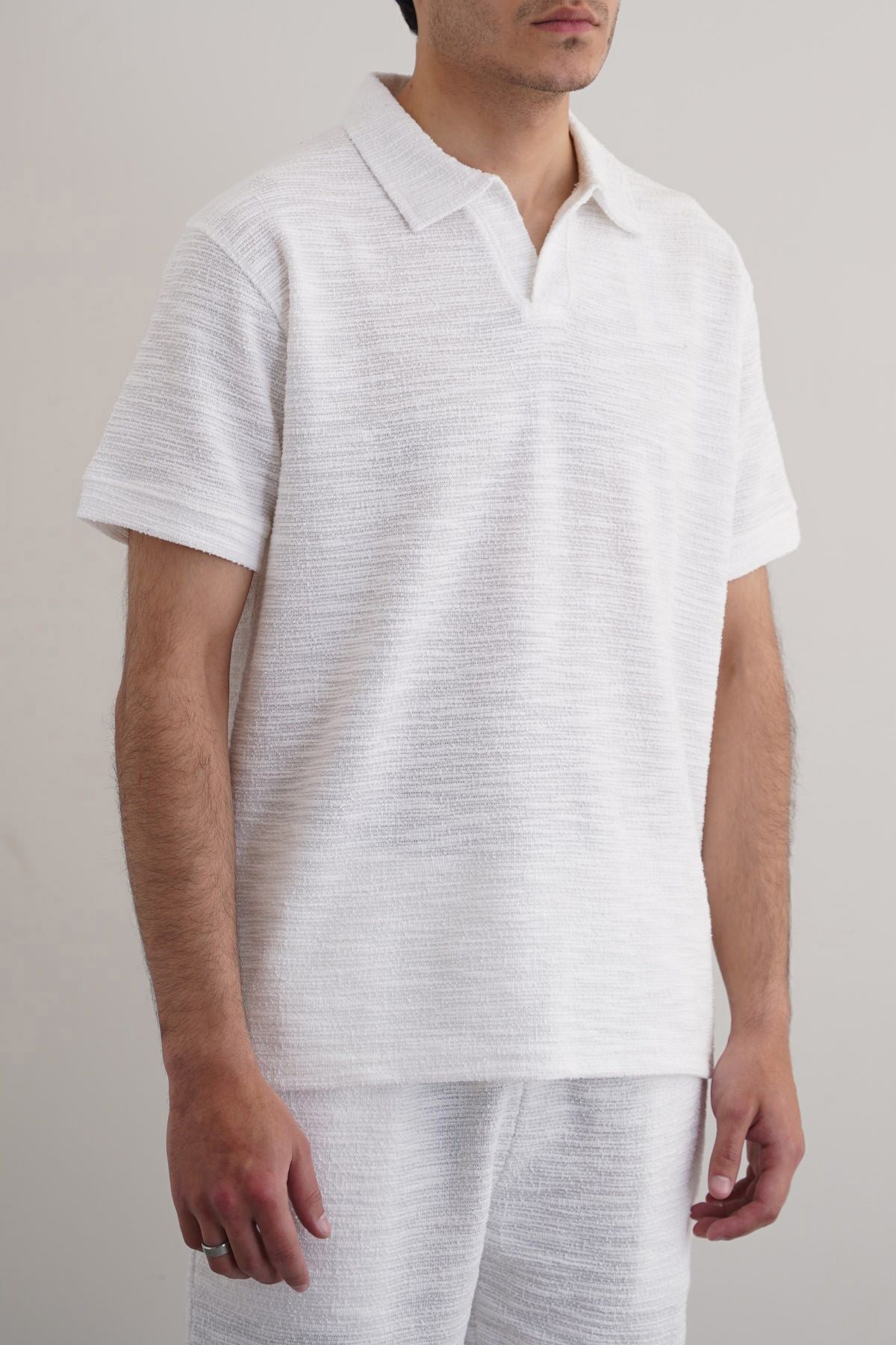 White Boucle Knitted Relaxed Polo Shirt
