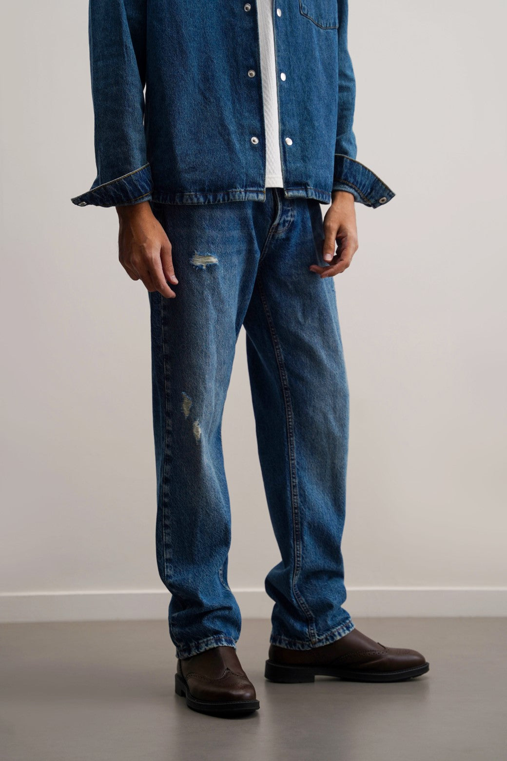 Blue Relaxed Straight Jeans with Scoop Pockets - Regular Hand Feel