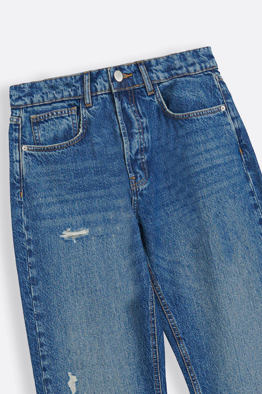 Blue Relaxed Straight Jeans with Scoop Pockets - Regular Hand Feel