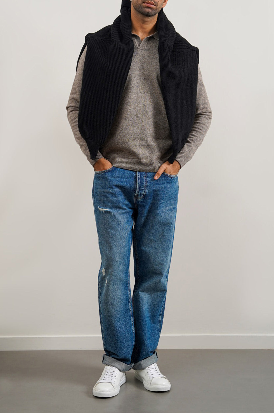 Blue Relaxed Straight Jeans with Scoop Pockets - Regular Hand Feel