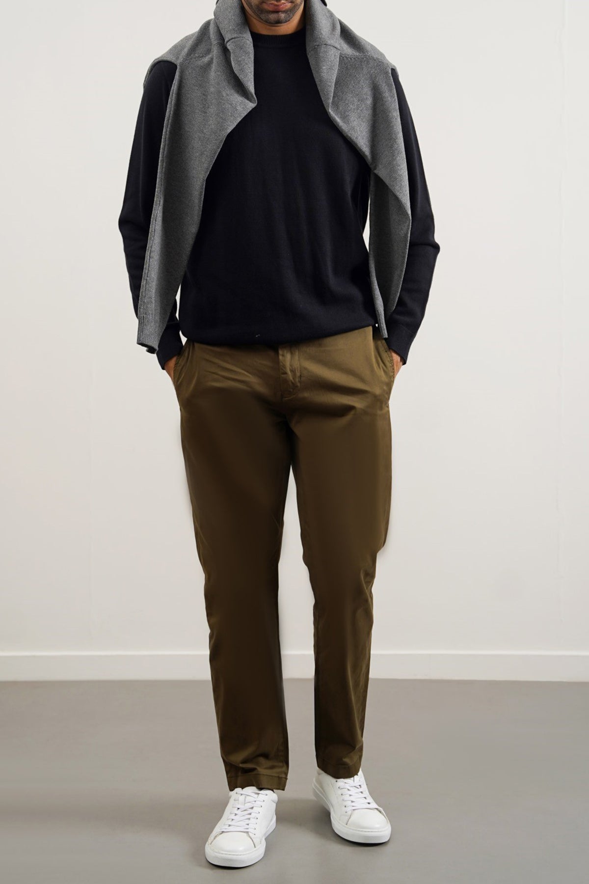 Olive Soft Slim Straight Pants with Elastic Waistband