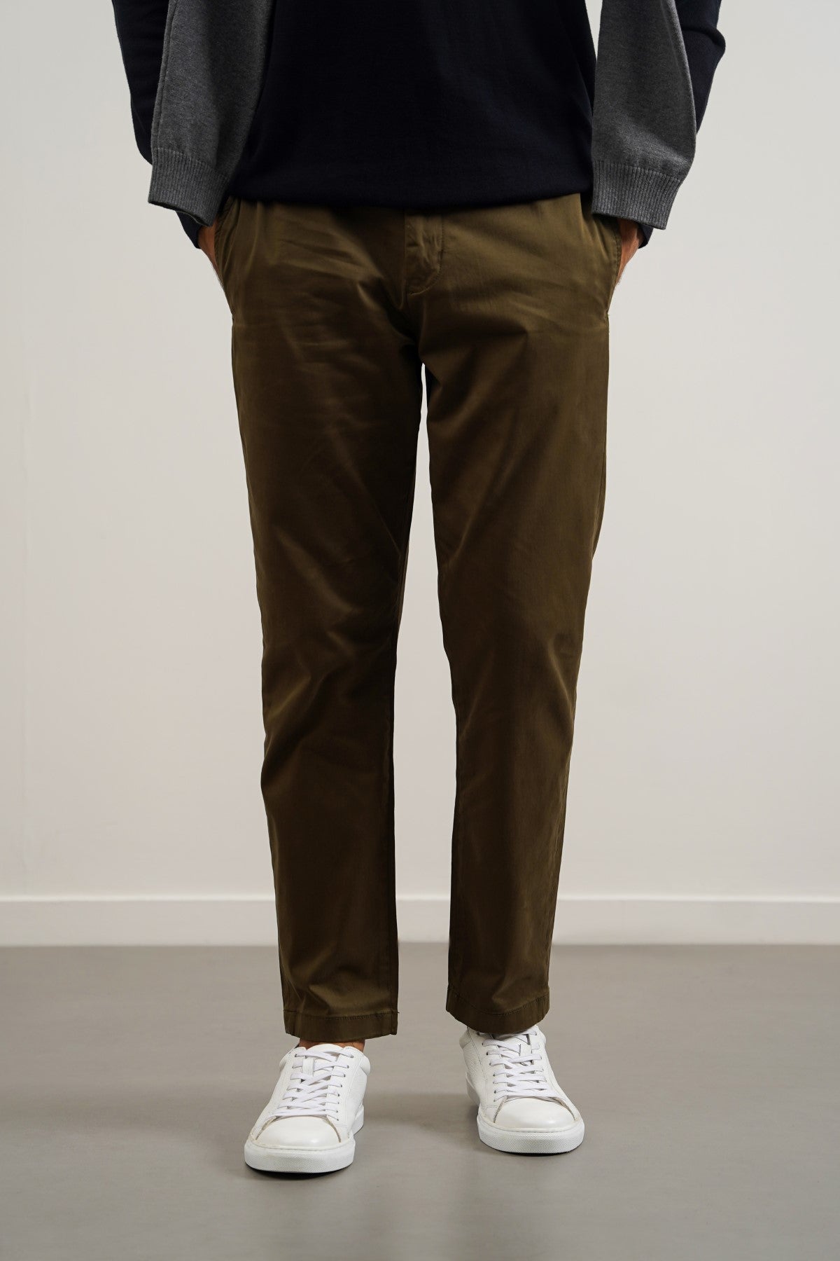 Olive Soft Slim Straight Pants with Elastic Waistband
