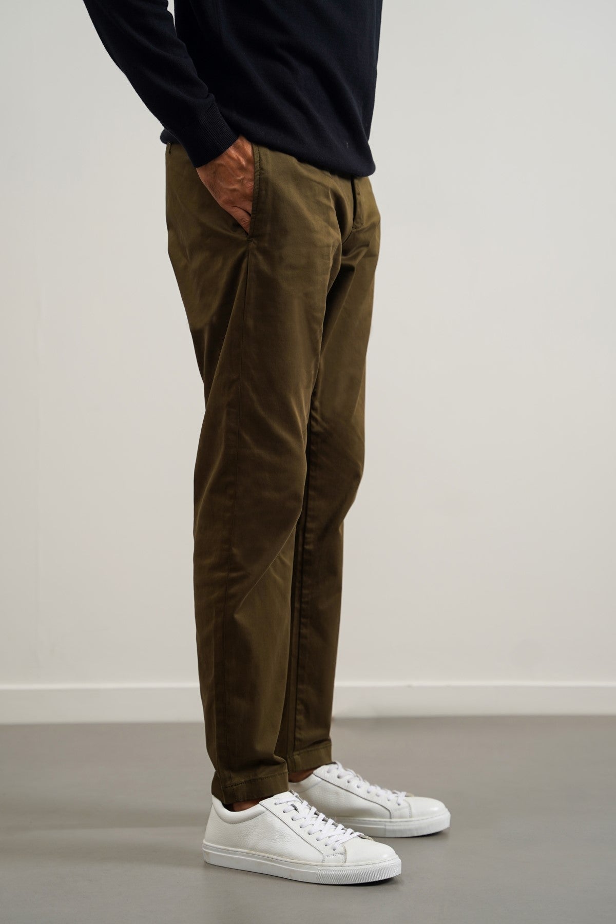 Olive Soft Slim Straight Pants with Elastic Waistband