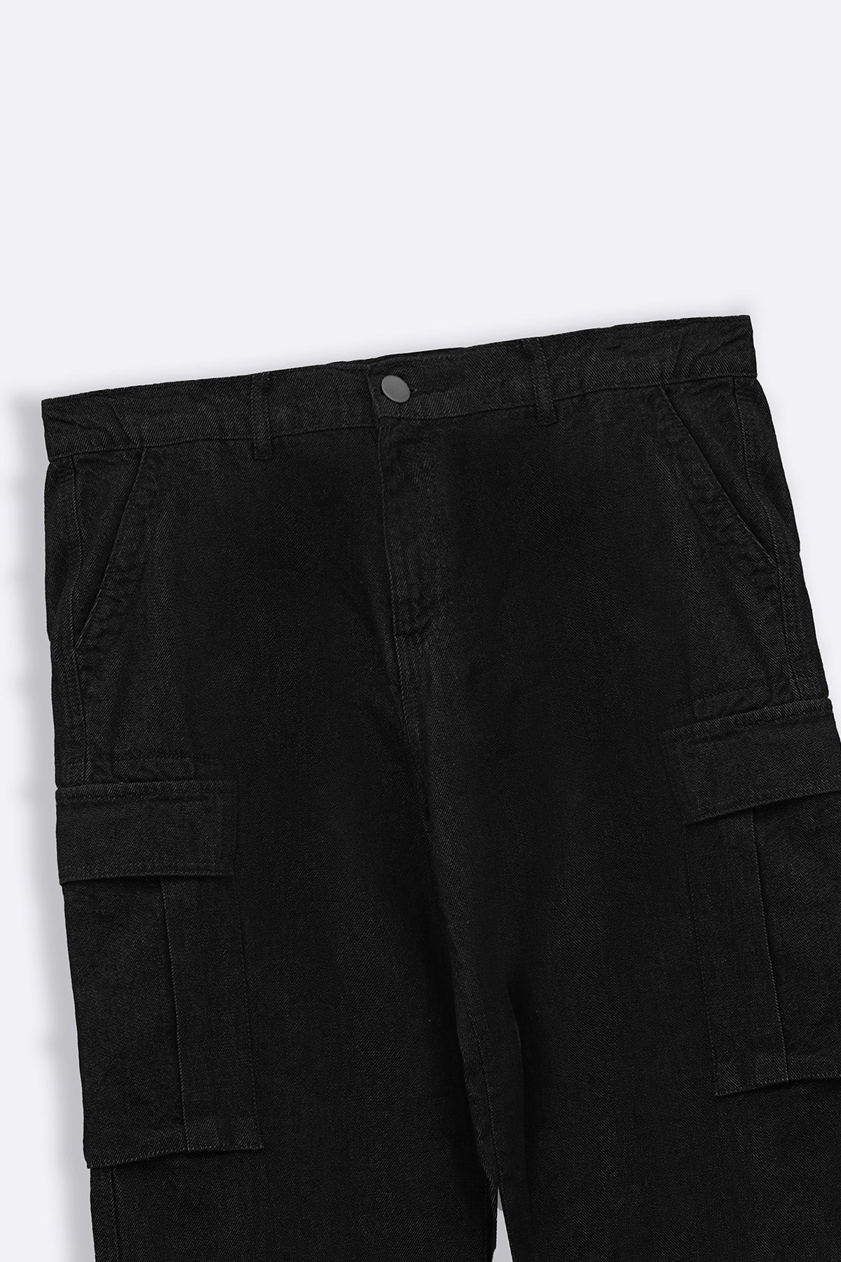 Black Relaxed Cargo Jeans with Cross Pockets - Regular Hand Feel