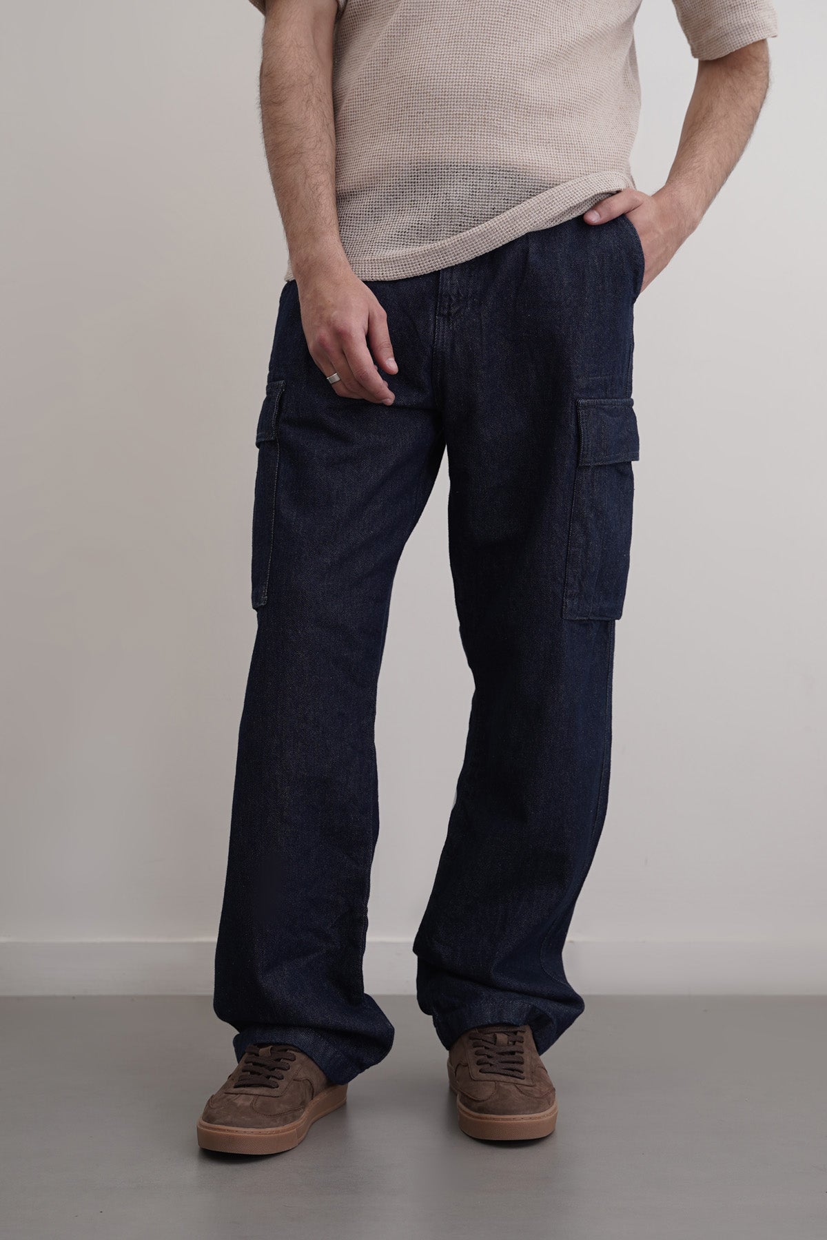 Blue Relaxed Cargo Jeans - Regular Hand Feel