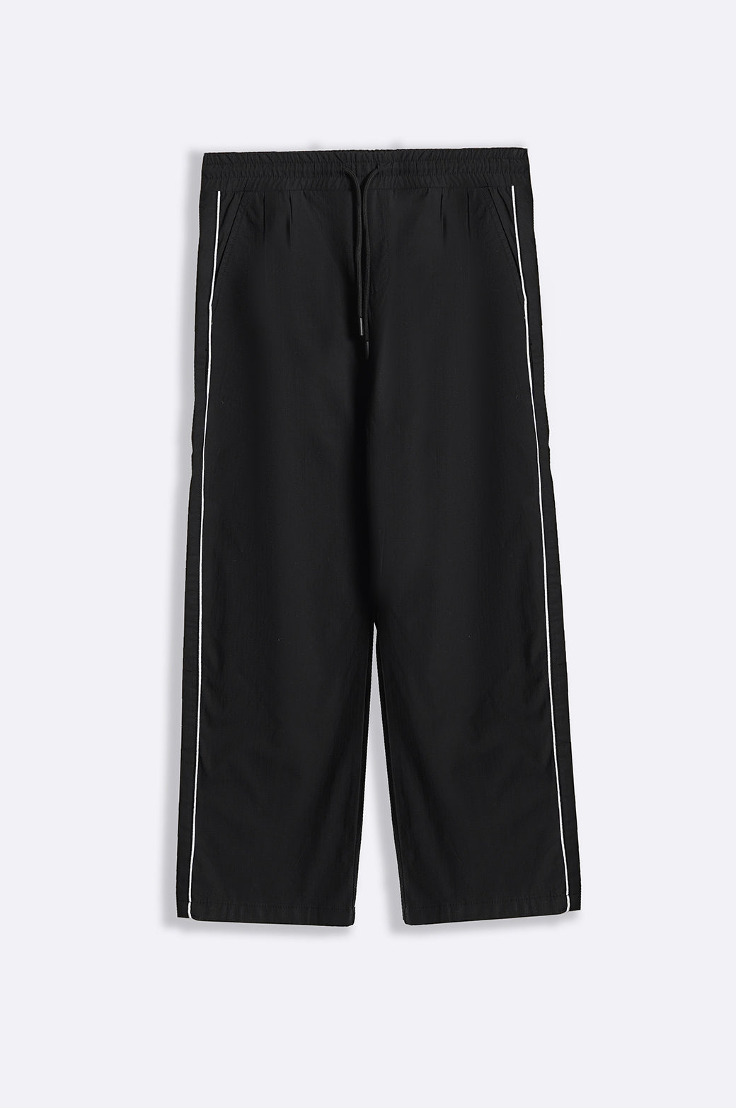 Black Textured Cotton Relaxed Fit Trousers with Contrast Piping