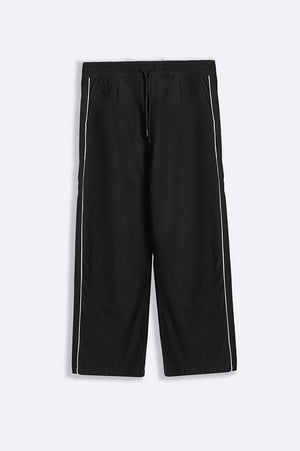 Black Textured Cotton Relaxed Fit Trousers with Contrast Piping – Cool Havn