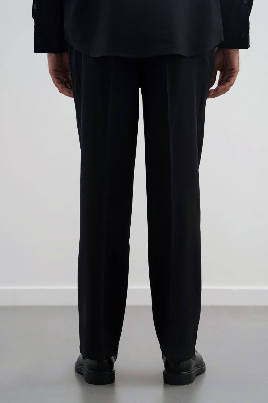 Black Silky Soft Loose Fit Silk Trousers with Pintuck Pleat