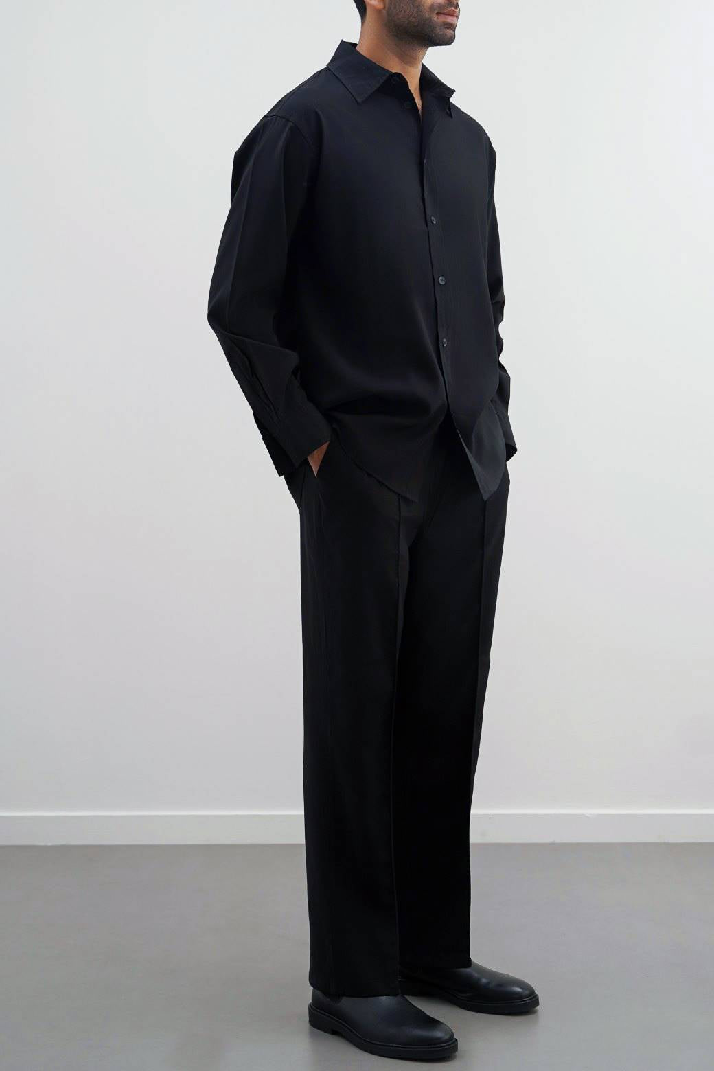 Black Silky Soft Loose Fit Silk Trousers with Pintuck Pleat