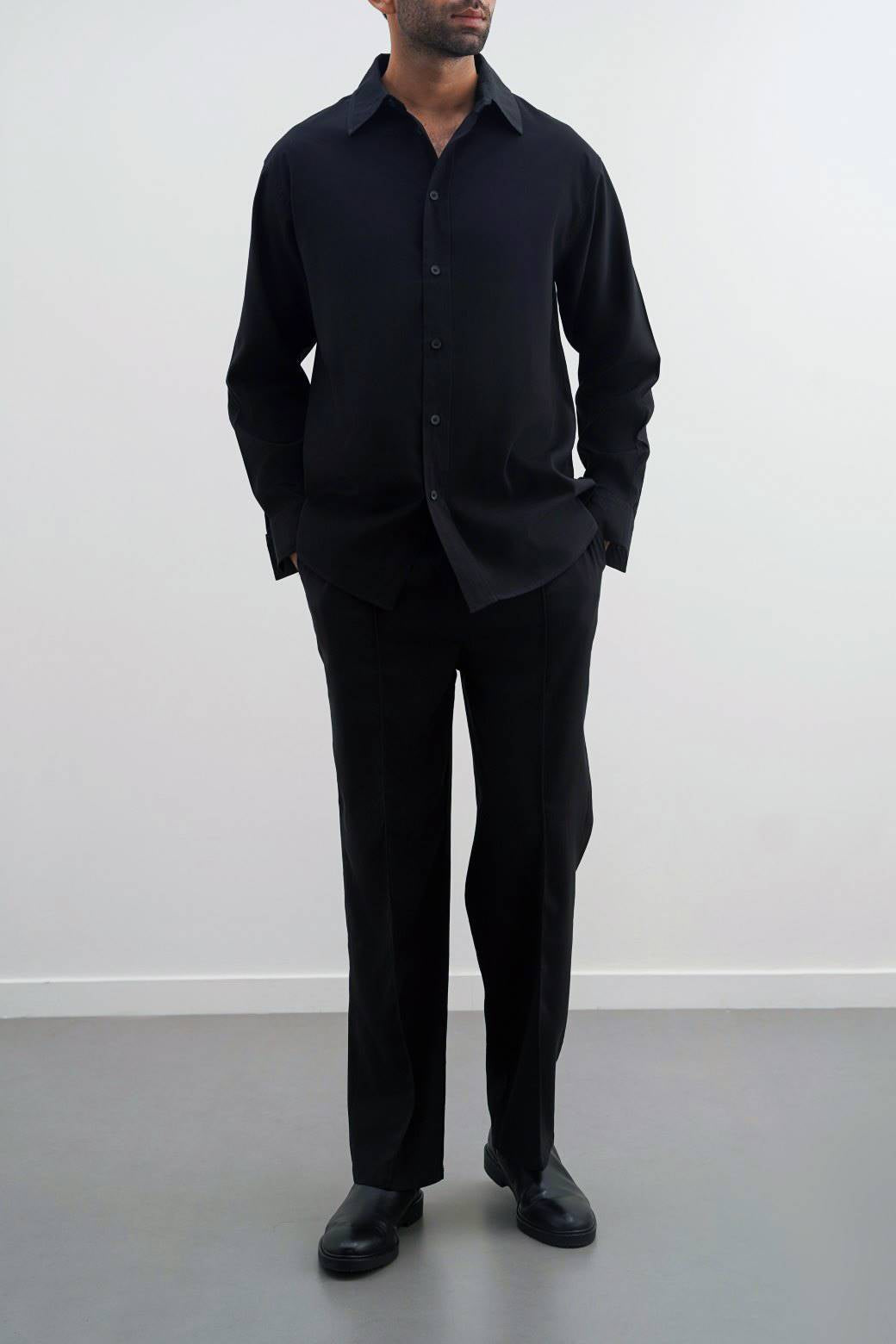 Black Silky Soft Loose Fit Silk Trousers with Pintuck Pleat