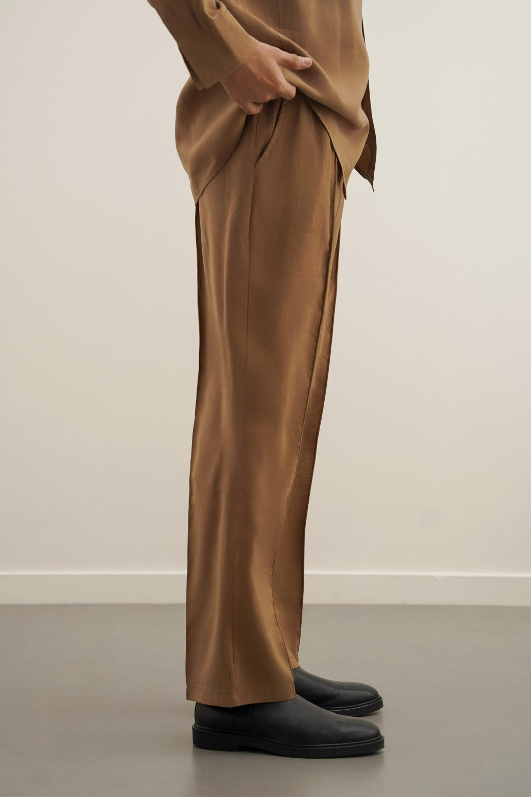 Brown Silky Soft Loose Fit Silk Trousers with Pintuck Pleat