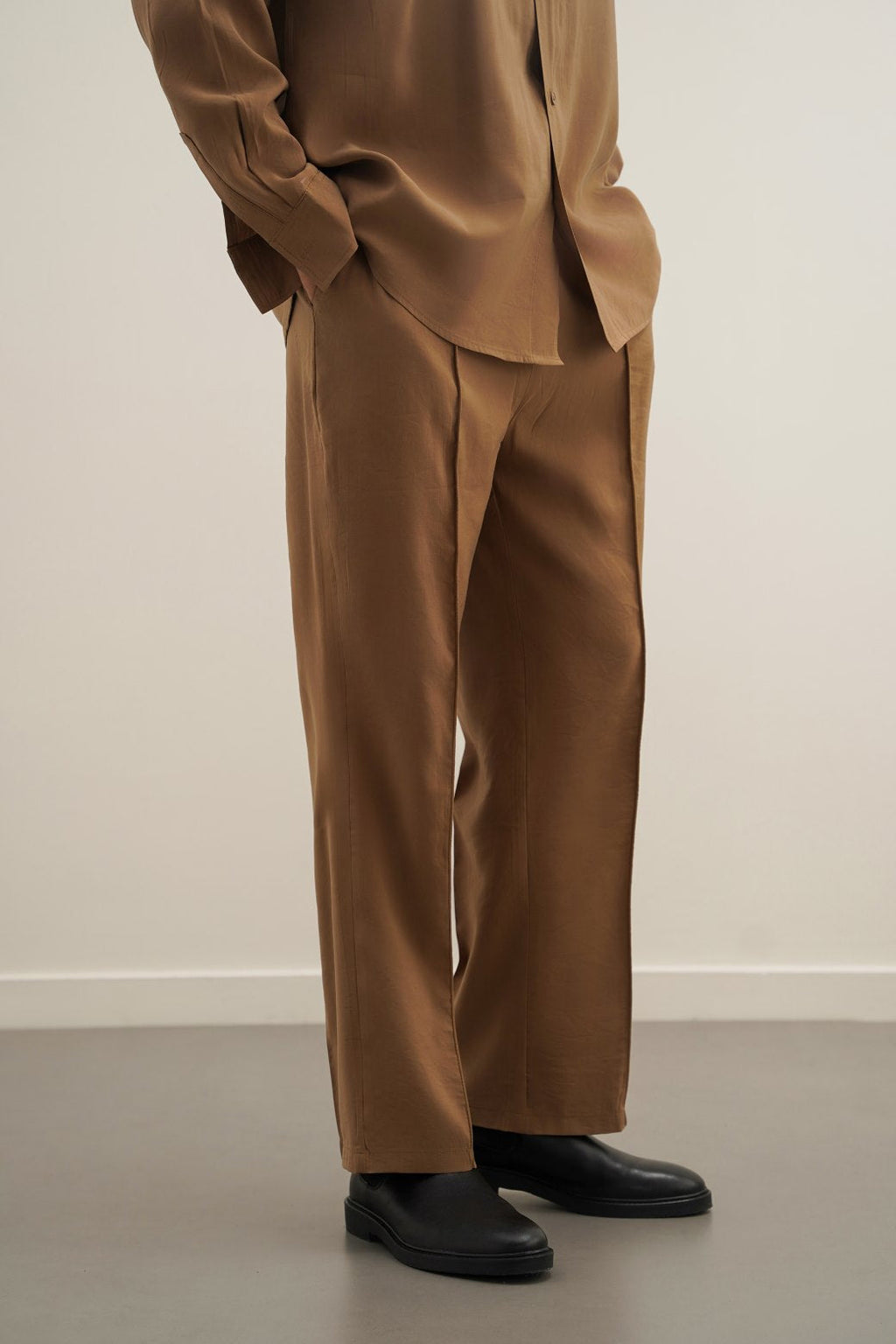 Brown Silky Soft Loose Fit Silk Trousers with Pintuck Pleat – Cool Havn