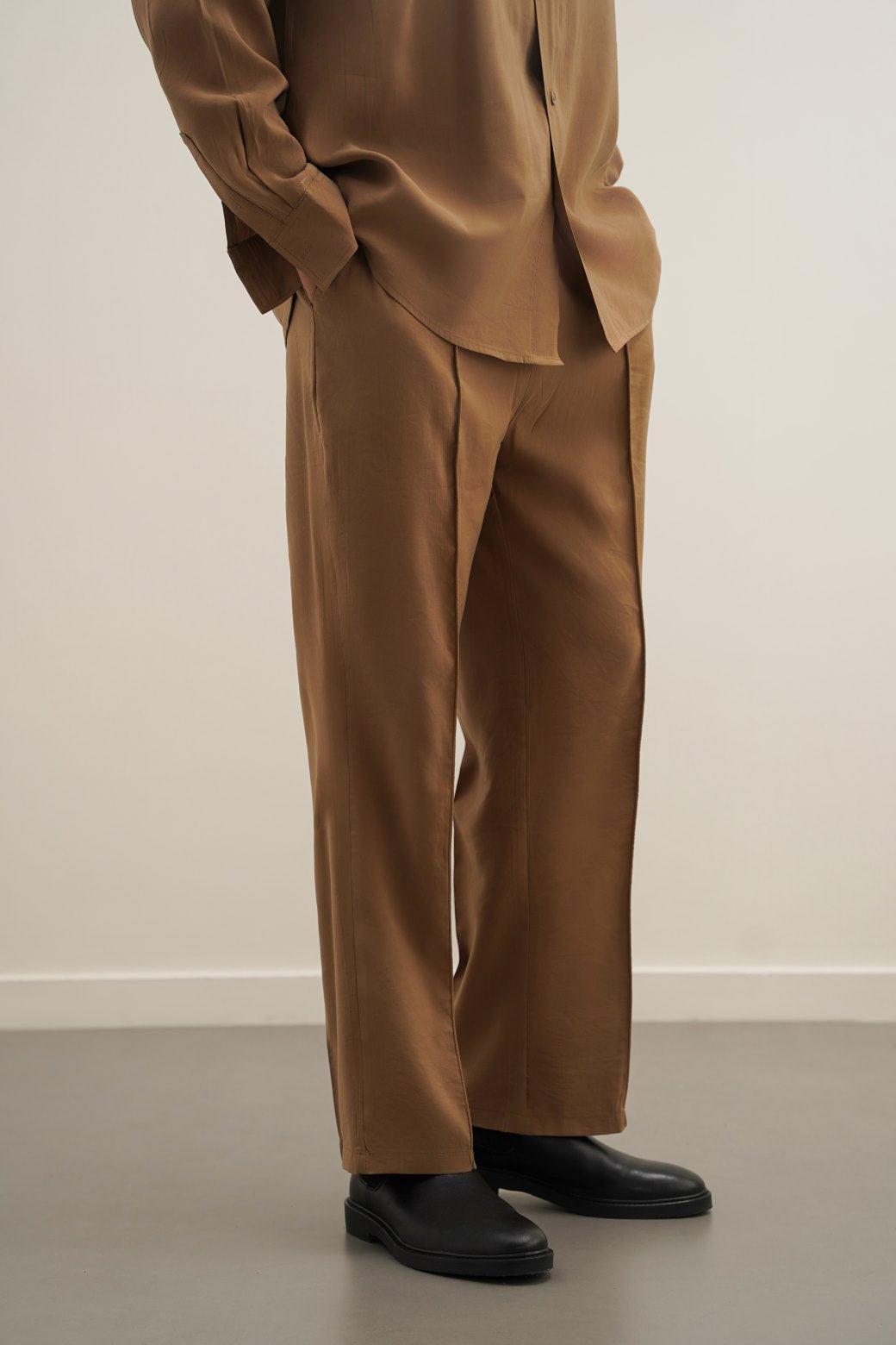 Brown Silky Soft Loose Fit Silk Trousers with Pintuck Pleat