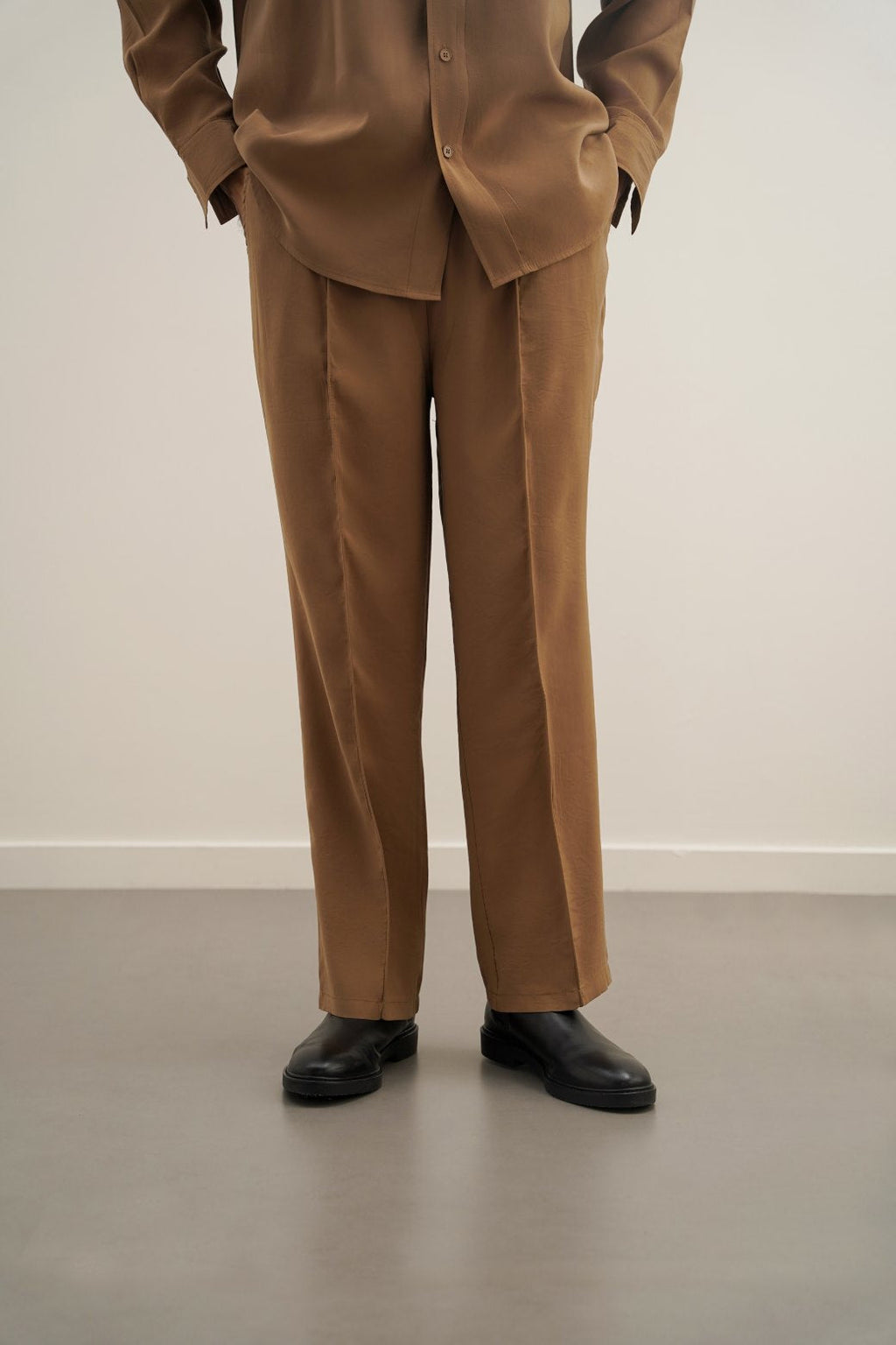 Brown Silky Soft Loose Fit Silk Trousers with Pintuck Pleat – Cool Havn