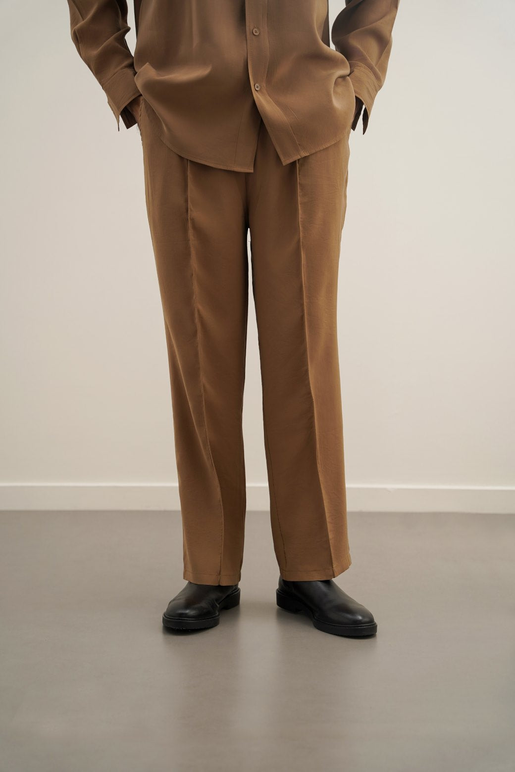 Brown Silky Soft Loose Fit Silk Trousers with Pintuck Pleat