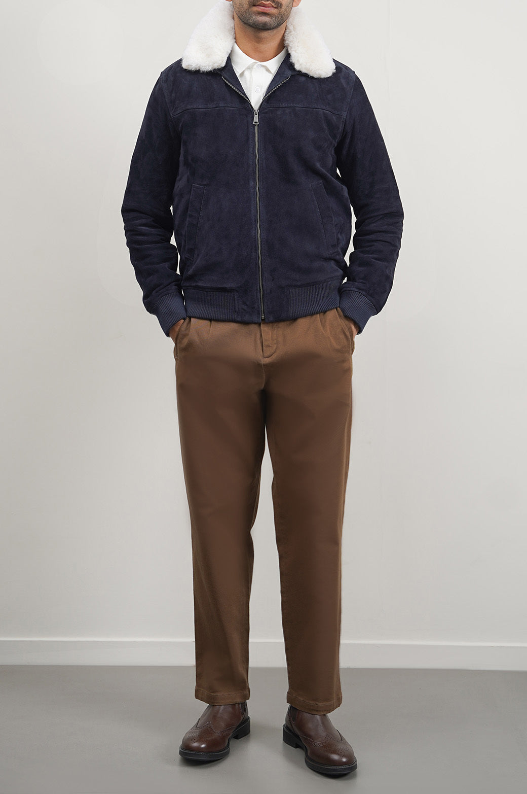 Brown Straight Fit Pleated Pants with Pockets