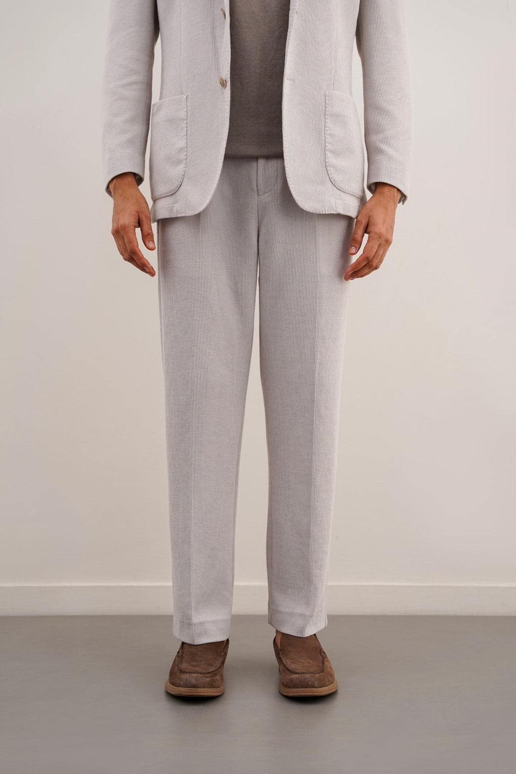 Beige Pleated Regular Fit Textured Trousers – Cool Havn