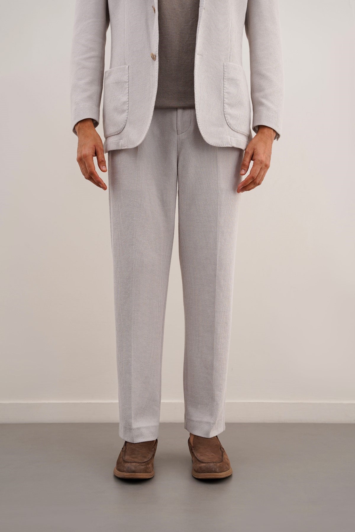 Beige Pleated Regular Fit Textured Trousers