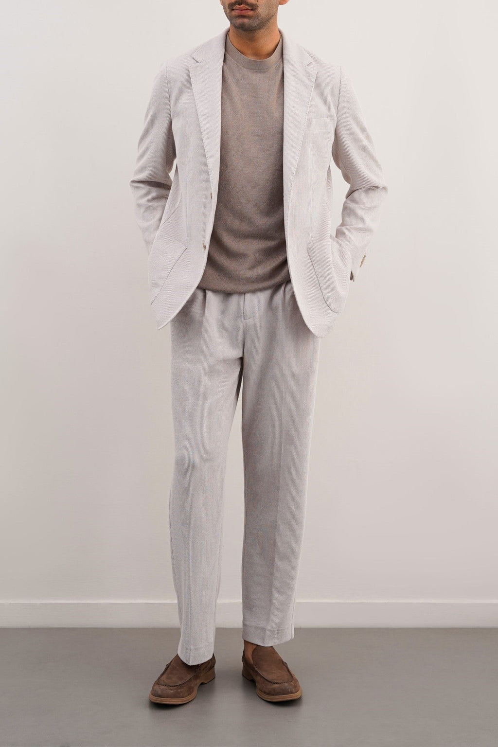 Beige Pleated Regular Fit Textured Trousers – Cool Havn