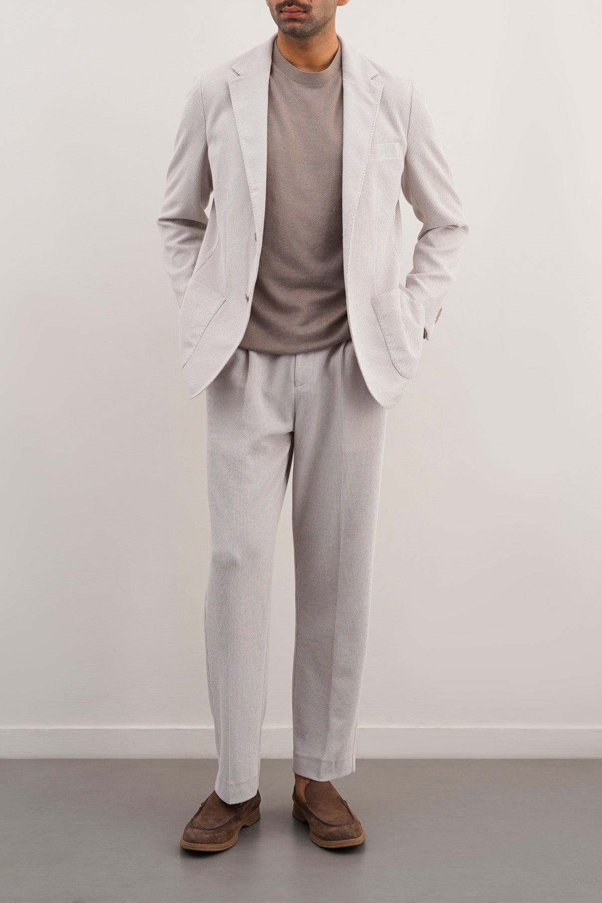Beige Pleated Regular Fit Textured Trousers