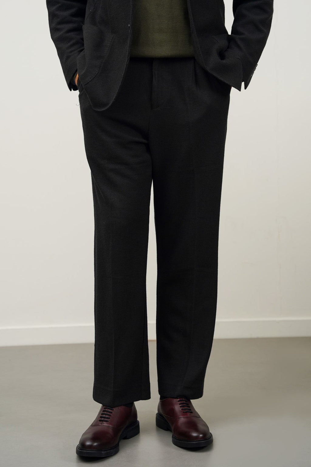 Black Pleated Textured Regular Fit Trousers – Cool Havn