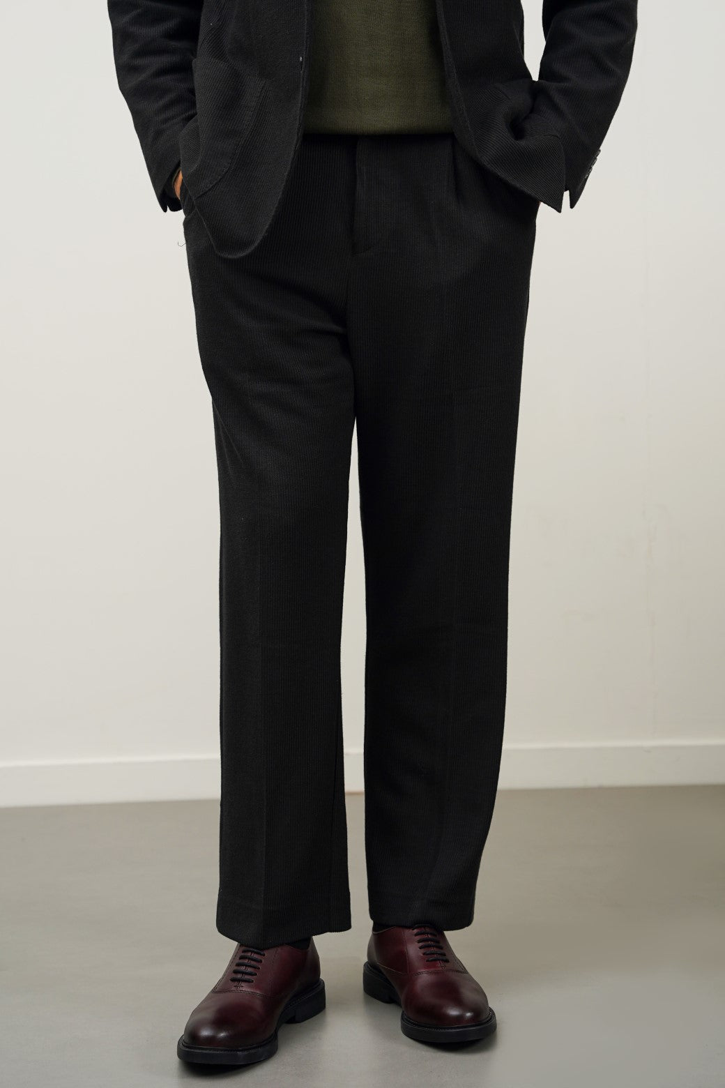 Black Pleated Textured Regular Fit Trousers