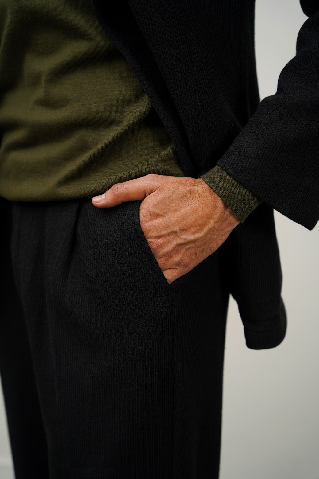 Black Pleated Textured Regular Fit Trousers
