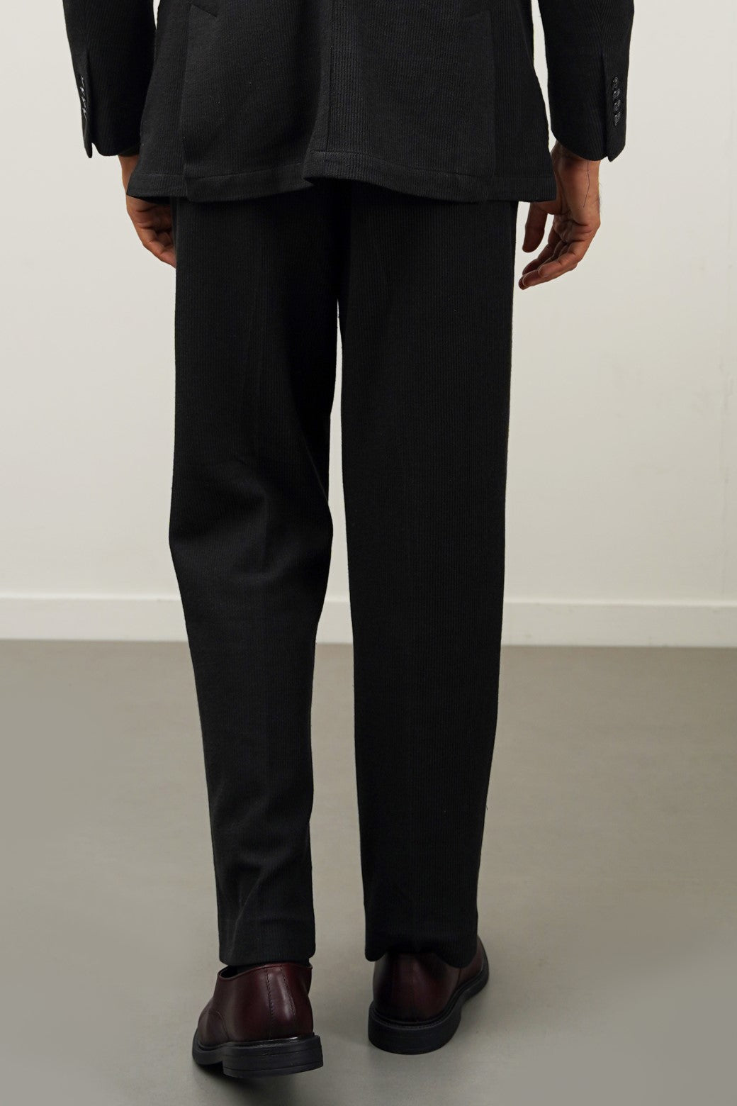 Black Pleated Textured Regular Fit Trousers
