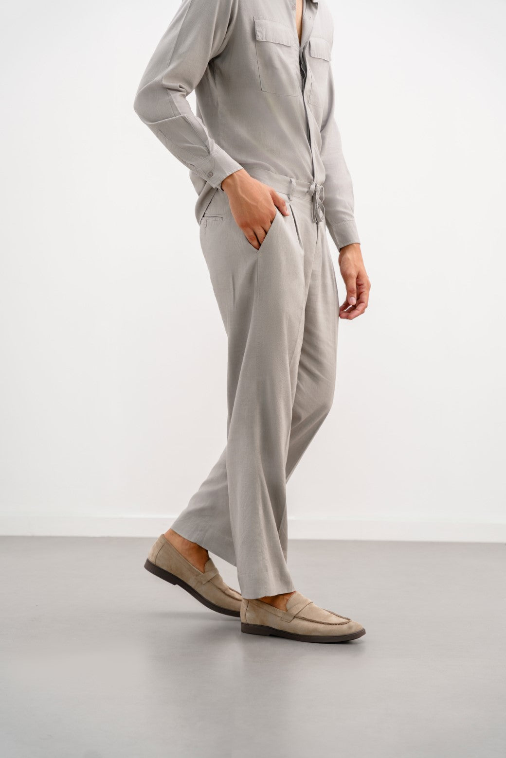 Grey Relaxed Pleated Linen Trousers with Drawstring - Soft Hand Feel