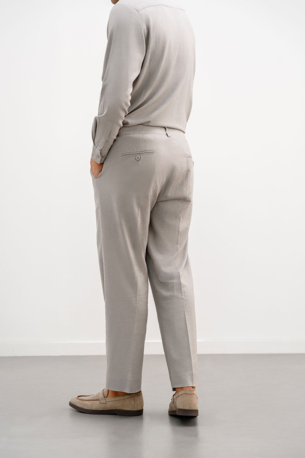 Grey Relaxed Pleated Linen Trousers with Drawstring - Soft Hand Feel