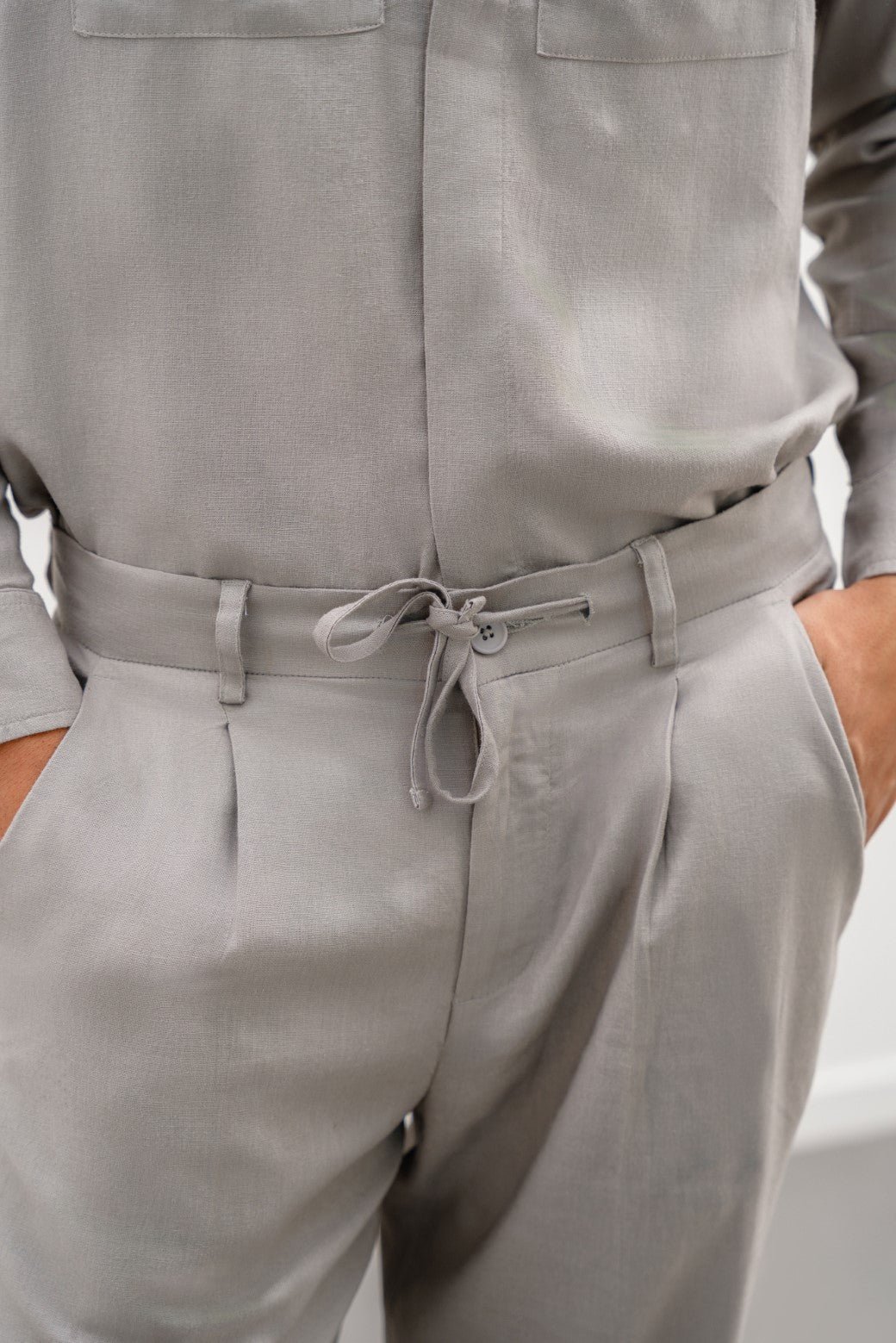 Grey Relaxed Pleated Linen Trousers with Drawstring - Soft Hand Feel