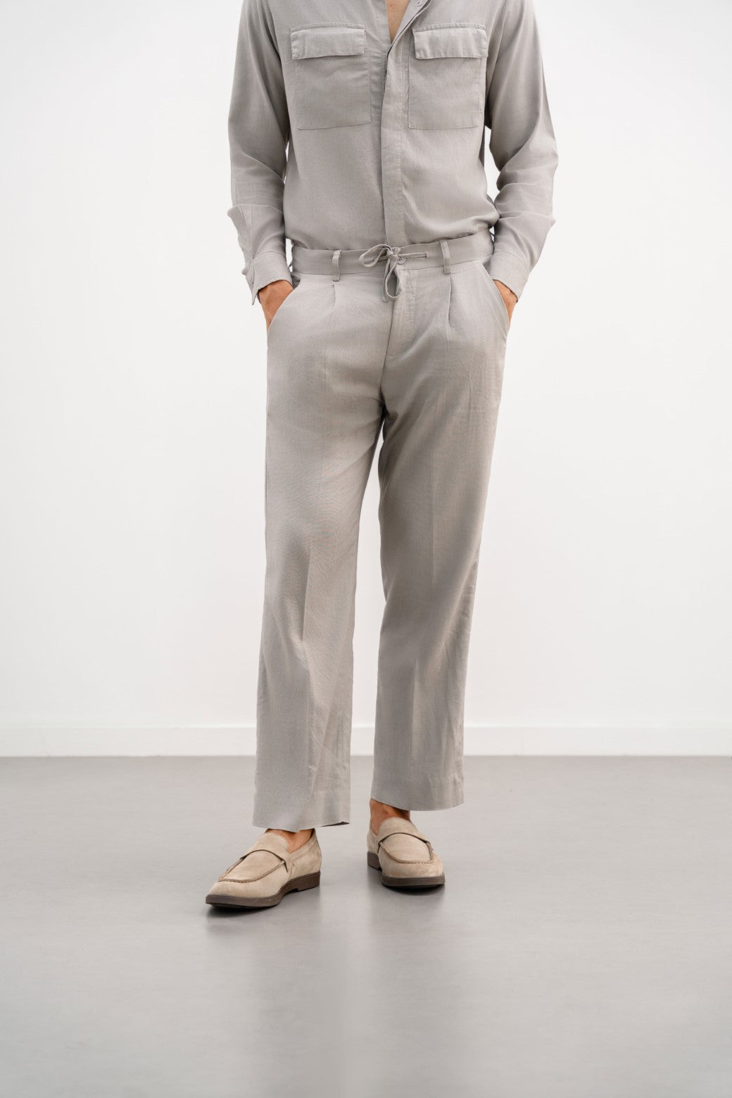 Grey Relaxed Pleated Linen Trousers with Drawstring - Soft Hand Feel