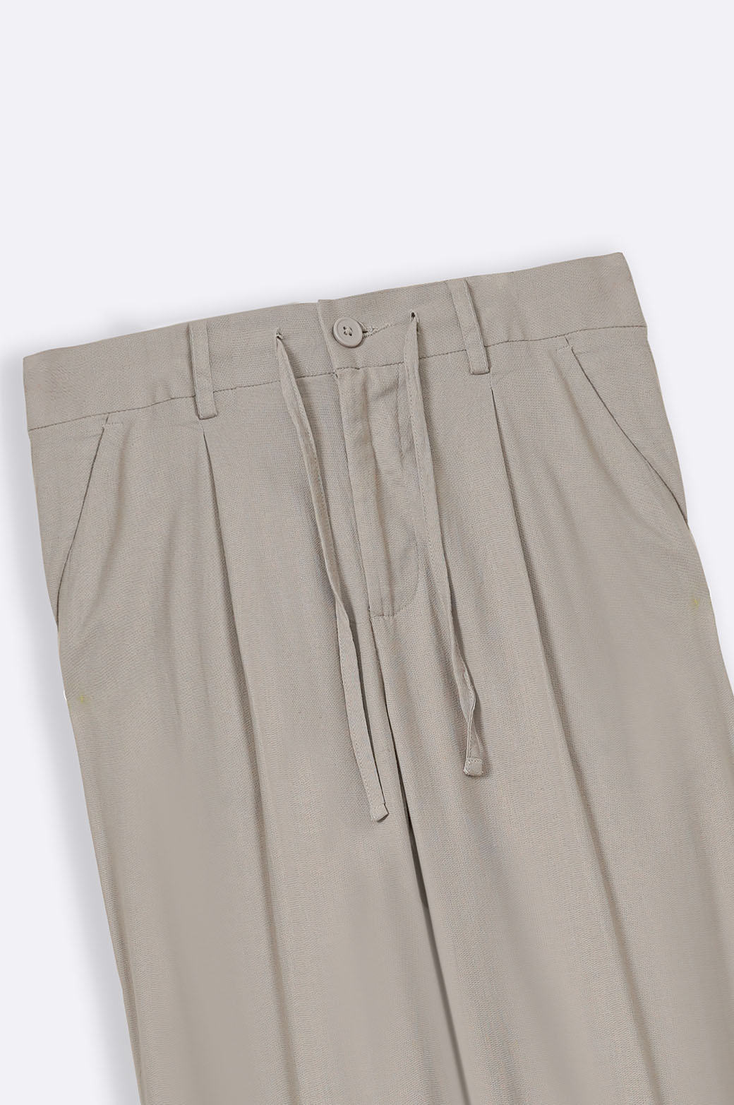 Grey Relaxed Pleated Linen Trousers with Drawstring - Soft Hand Feel