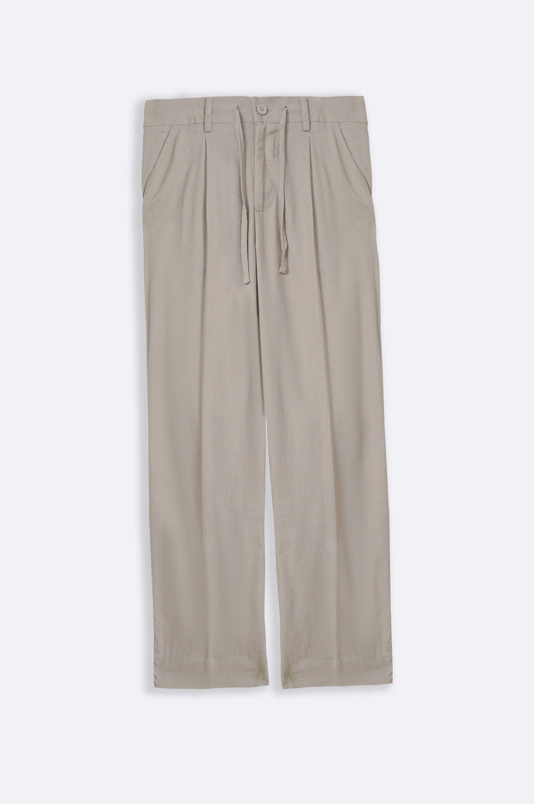 Grey Relaxed Pleated Linen Trousers with Drawstring - Soft Hand Feel