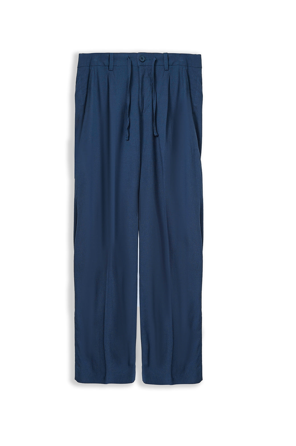 Navy Relaxed Pleated Linen Trousers - Soft Hand Feel
