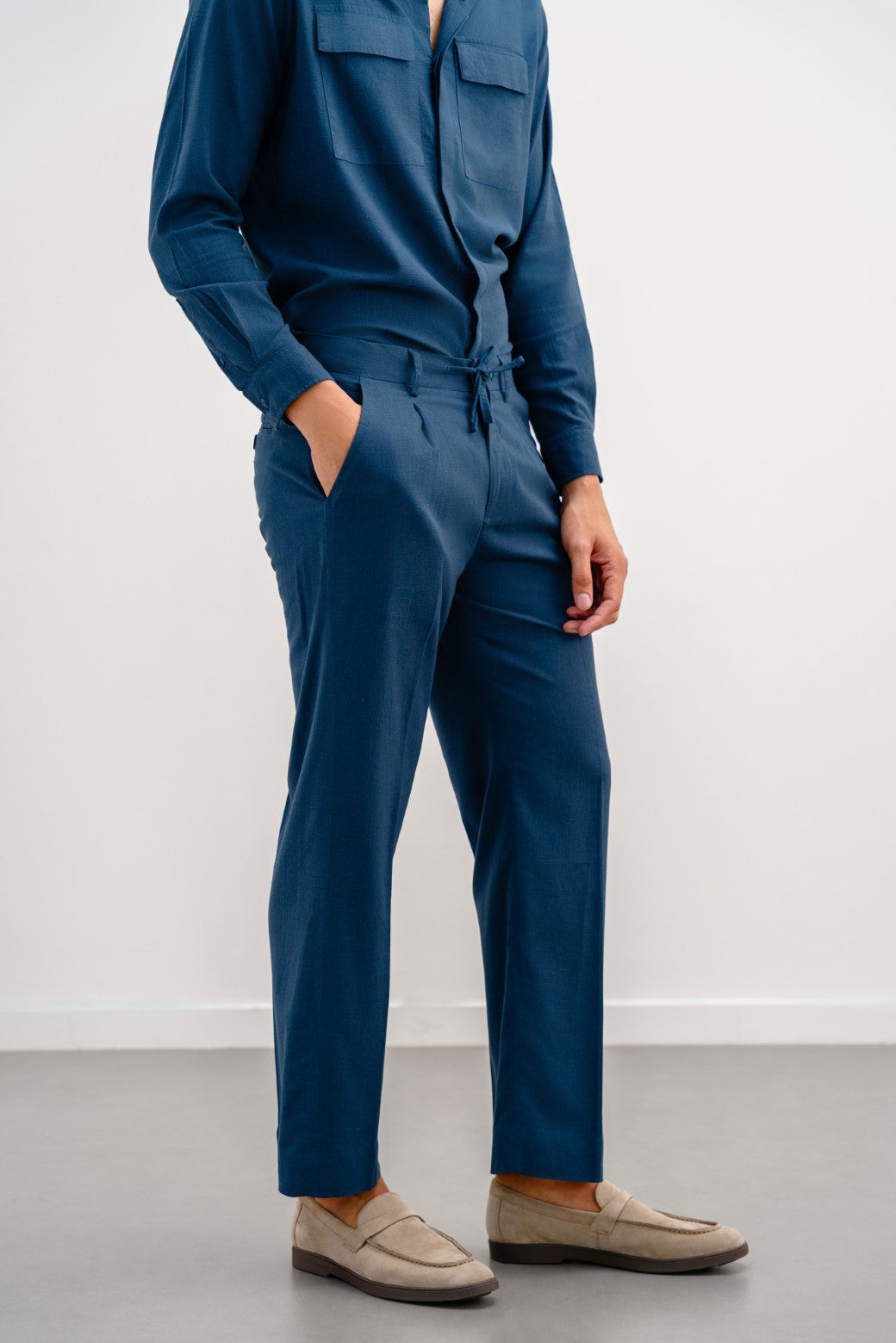 Navy Relaxed Pleated Linen Trousers - Soft Hand Feel