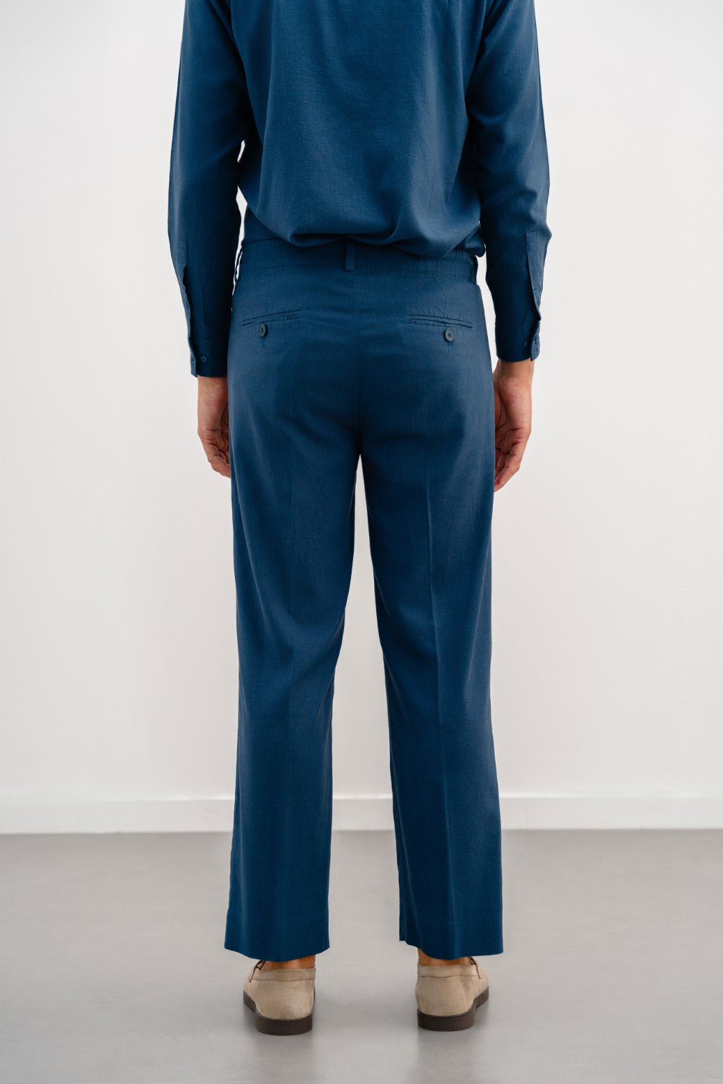 Navy Relaxed Pleated Linen Trousers - Soft Hand Feel