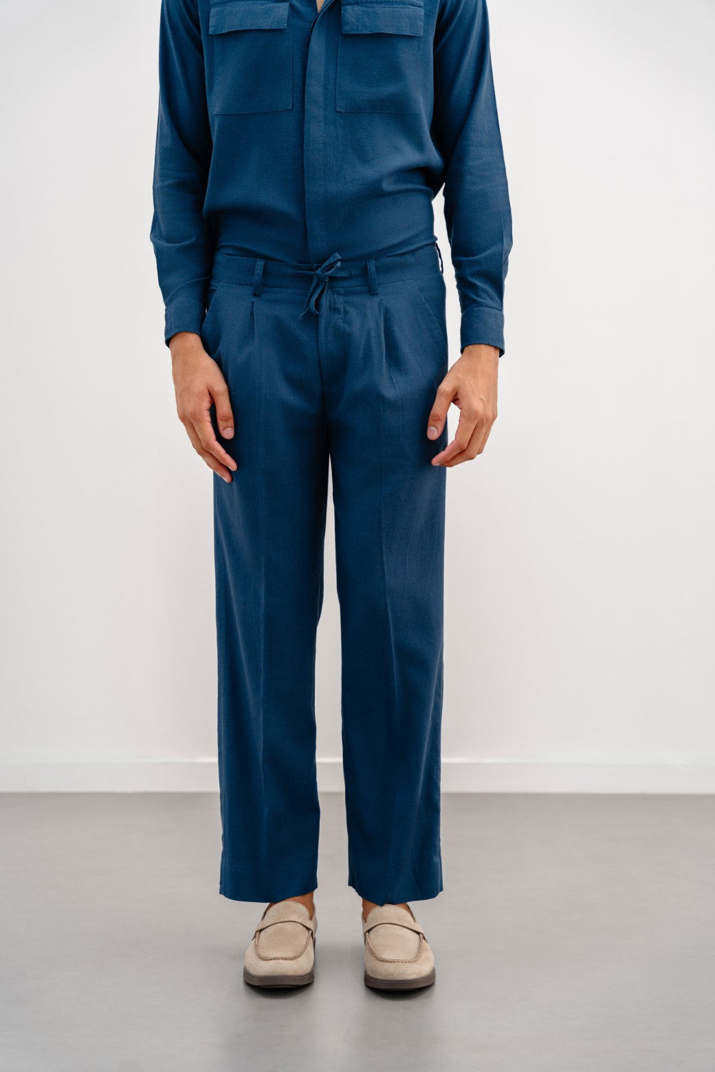 Navy Relaxed Pleated Linen Trousers - Soft Hand Feel
