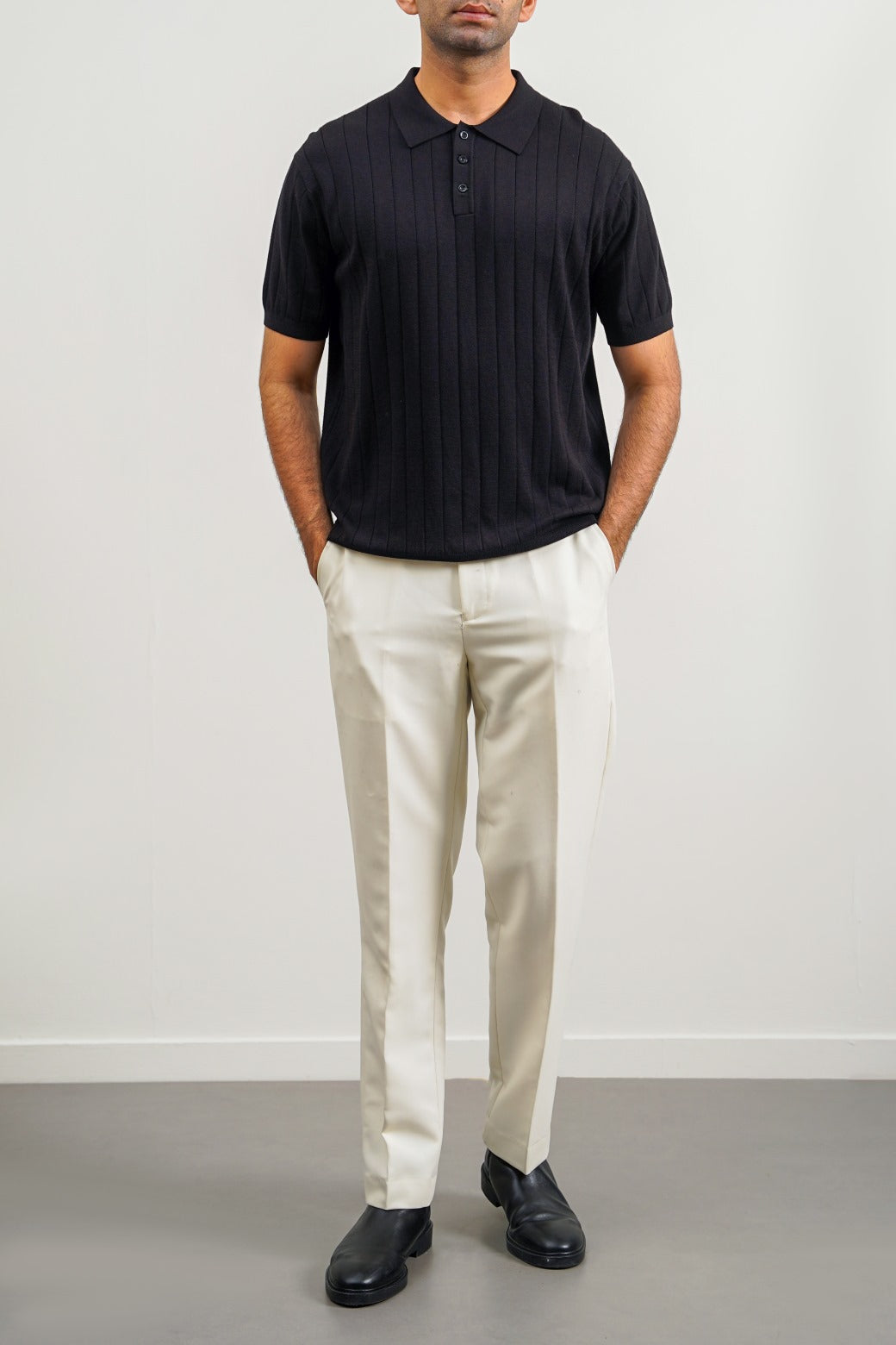Black Regular Fit Collared Polo Shirt with Button Fastening