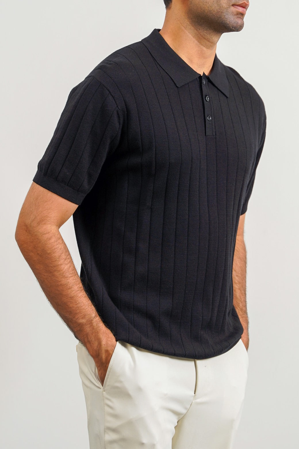 Black Regular Fit Collared Polo Shirt with Button Fastening