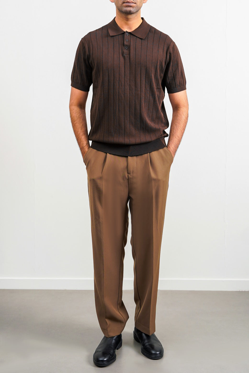 Dark Brown Regular Fit Collared Polo Shirt with Button Fastening