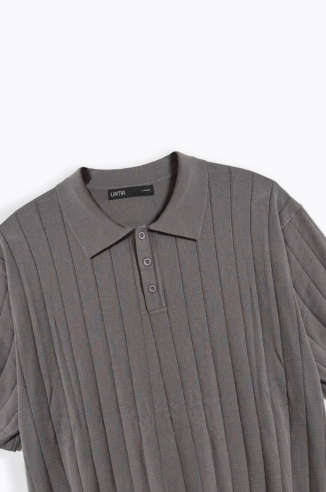 Grey Regular Fit Collared Polo Shirt with Button Fastening and Ribbed Trims