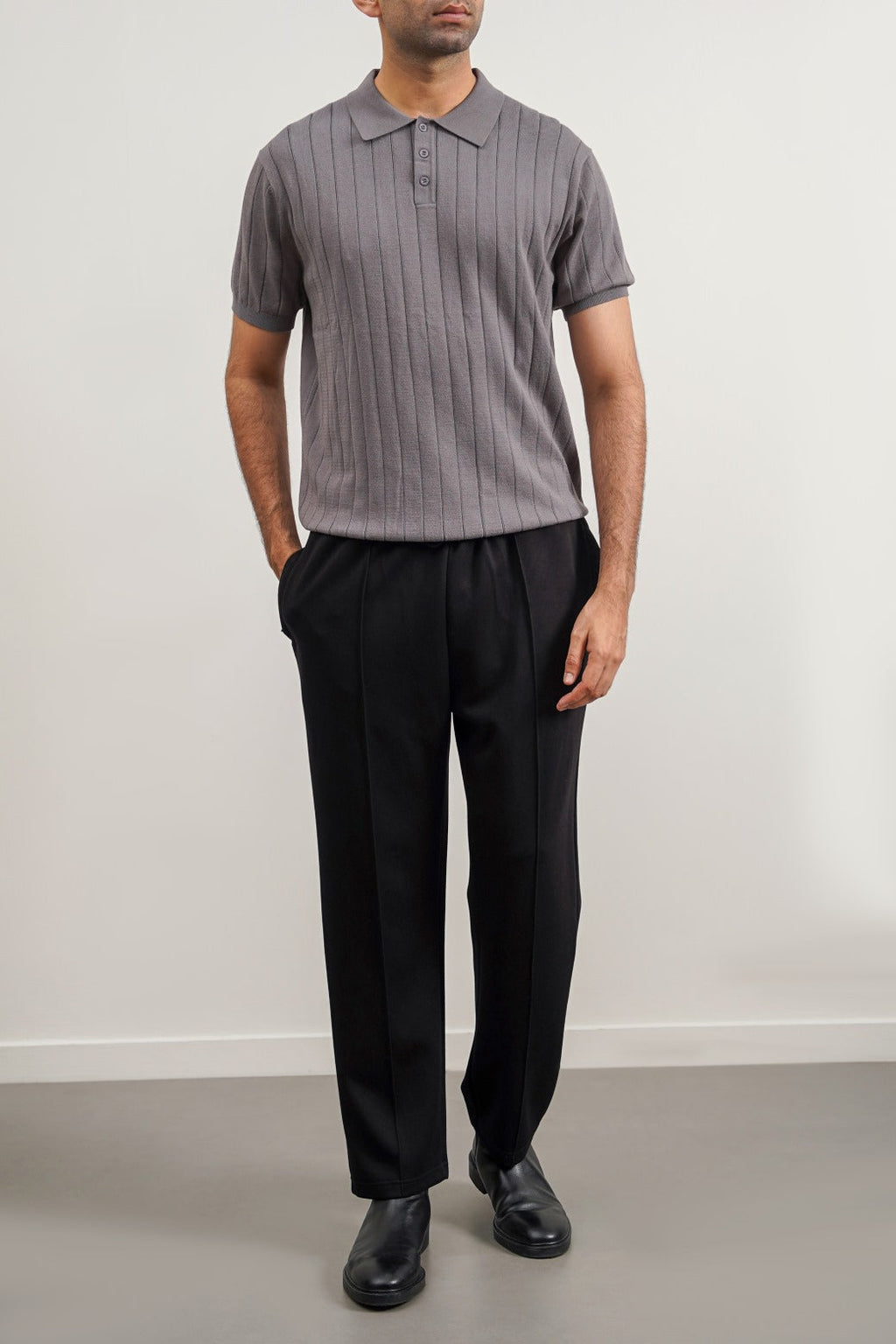 Grey Regular Fit Collared Polo Shirt with Button Fastening and Ribbed Trims – Cool Havn