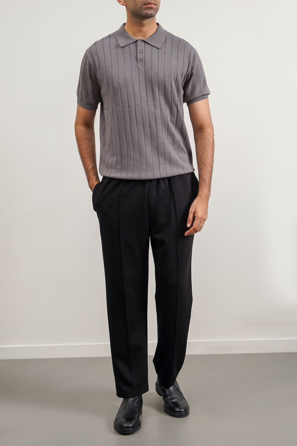 Grey Regular Fit Collared Polo Shirt with Button Fastening and Ribbed Trims