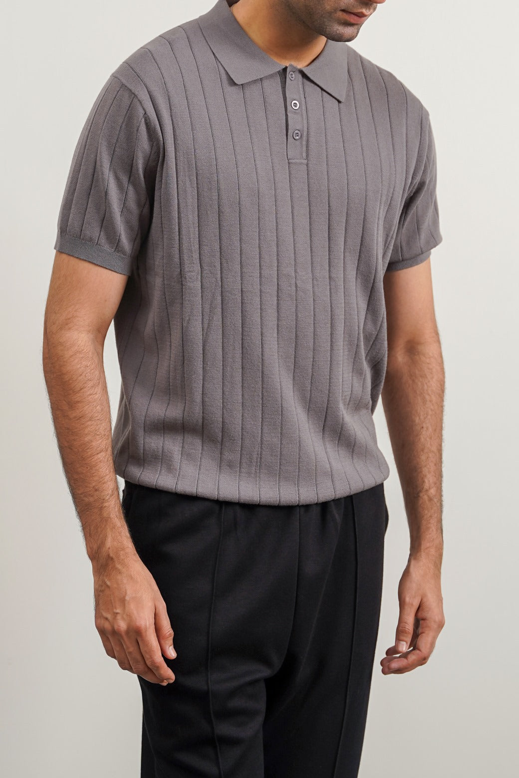 Grey Regular Fit Collared Polo Shirt with Button Fastening and Ribbed Trims