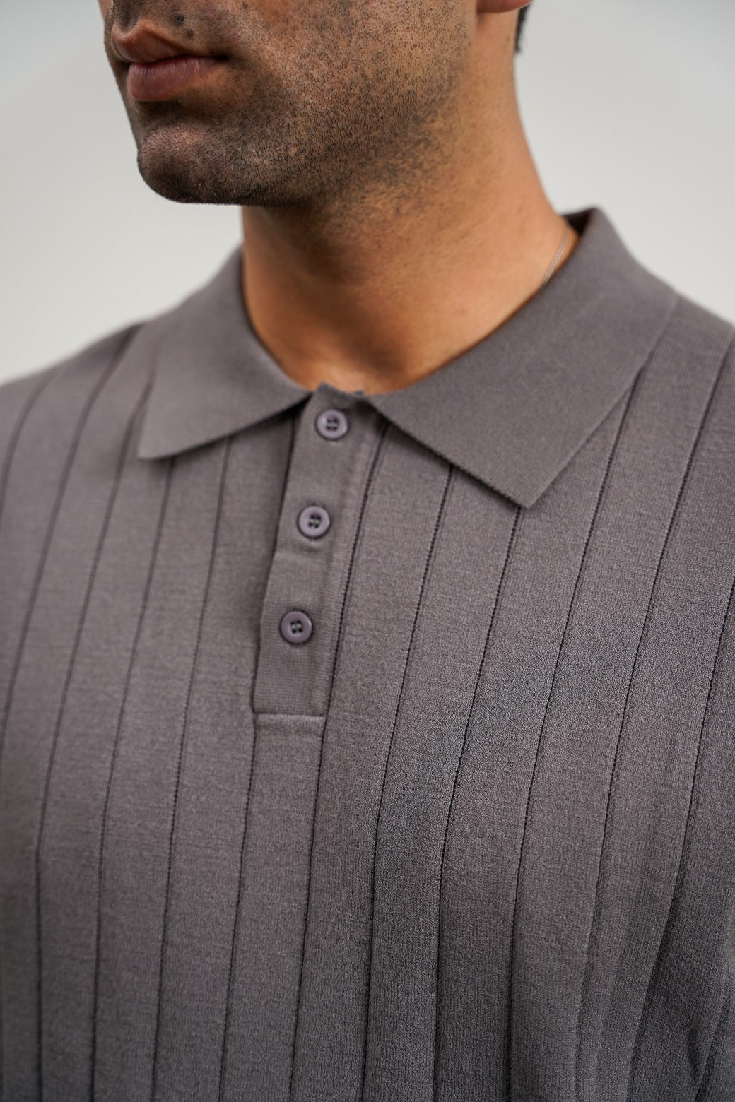 Grey Regular Fit Collared Polo Shirt with Button Fastening and Ribbed Trims