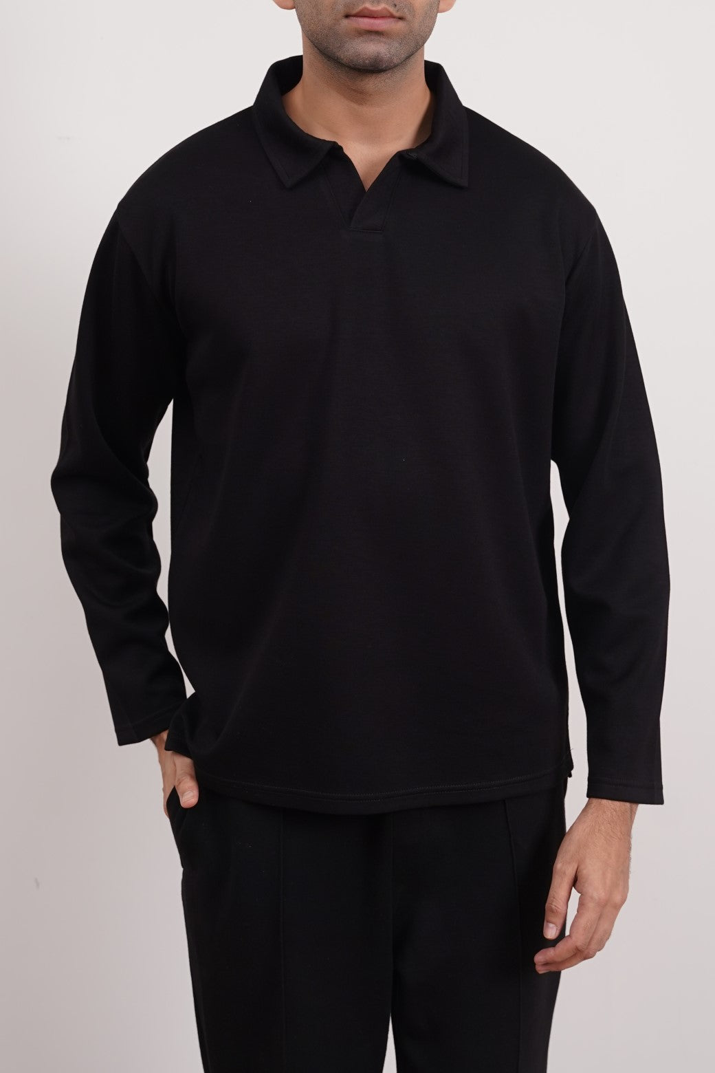 Black Soft Relaxed Fit Long Sleeve Collared Polo