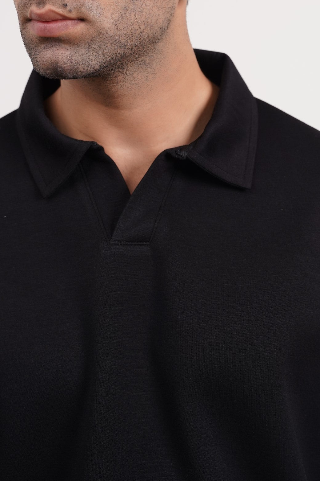 Black Soft Relaxed Fit Long Sleeve Collared Polo